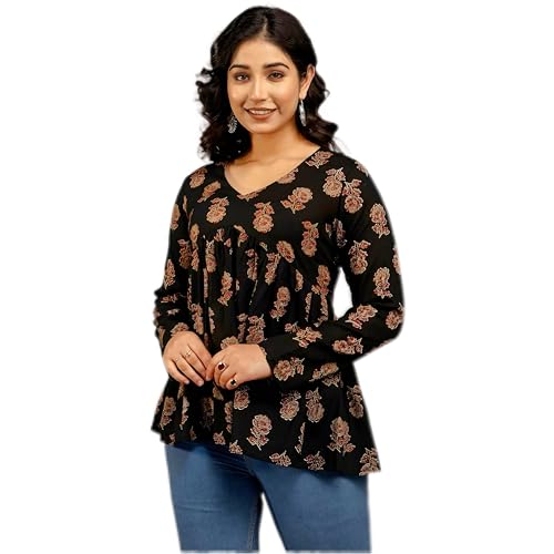 Image of Women's Floral Print Reyon Peplum Top - Casual Loose Fit 3 /4 Sleeve Tunic top, Stylish V-Neck Flared Kurti, Comfortable Everyday Wear