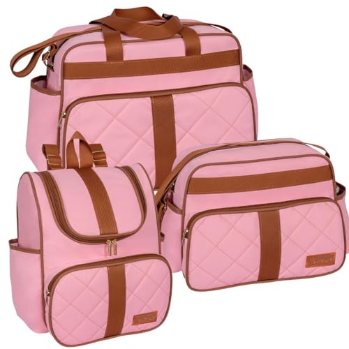 Kit 03 Peças Bolsa Frasqueira Mochila Maternidade Bebê Menino Menina Impermeável (Rosa)