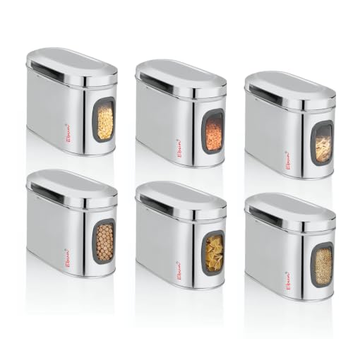 Image of Ebun Stainless Steel See Through Containers | Stainless Steel Container with Lid | Capsule Shape Steel Kitchen Containers Set | Steel Airtight Container | 1 Kgs Capacity Approx | Pack of 6