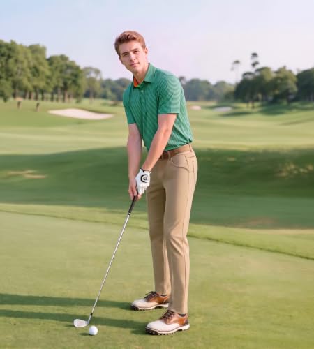 Image of Golf Shirts for Men - Dry Fit Moisture Wicking Short Sleeve Performance Sport Casual Striped Collared Mens Polo Shirt