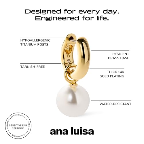 Image of Ana Luisa Frida Pearl Jewelry Huggie Hoops - Medium & Small 14K Gold Plated & Silver Rhodium Plated Drop Hoop Earrings with Freshwater Pearls - 2-in-1 Hypoallergenic Water-Resistant, Tarnish-Free Hoop