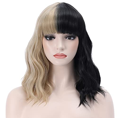 PATTNIUM Black Blonde Wig Short Curly Wig Black and Blonde Wig with Bangs Split Wig Half Blonde Half Black Wig for Women 2 Tone Wig Heat Resistant Synthetic Hair Halloween Cosplay Costume Wig (Half Blonde Half Black)