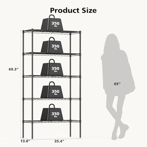 DUMOS 5 Tier Metal Wire Rack Shelf Heavy Duty Standing Shelves Adjustable Steel Closet Shelving Unit Organizers and Storage for Kitchen Bathroom Pantry Office, 13.78" D x 35.43" W x 69.29" H - Image 4