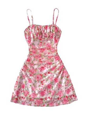 RoseSeek Girl's Floral Mesh Ruched Bust Mini Dress Spaghetti Strap
