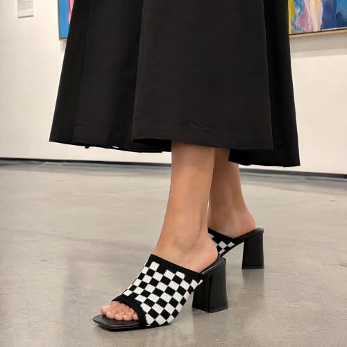 Image of Tilocow Knit Heeled Sandals for Women Square Open Toe Heeled Mules Chunky Block Low Heel Slip On Slides