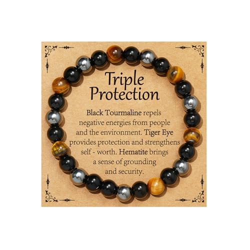 Gnamy Triple Protection Bracelet Gifts for Women, Healing Crystal Beaded Bracelets Hematite Black Tourmaline Tigers Eye Natural Worry Stones Anxiety Birthday Mothers Day Jewelry Presents for Mom Mother Her Adults Grandma