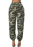 DRESSMECB Women's Casual Camouflage Loose Elastic Button Cargo Pants with Pocket Camouflage X-Large