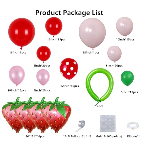 Image of Strawberry Balloon Arch Kit - 137pcs Red Pink and Light Pink Balloons with Strawberry Foil Balloons for Berry First Birthday Decor Sweet Girl Baby Shower Strawberry Shortcake Themed Party Decorations