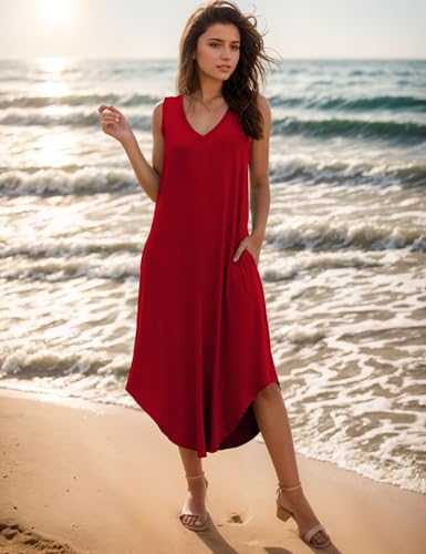 Women's Summer Dresses Casual Sleeveless Maxi Dresses V Neck Loose Sundress Long Dress with Pockets3