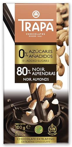 TRAPA 0% AZÚCARES AÑADIDOS |Chocolate Negro 80% con Almendras | Tableta 100 g | Sin Gluten