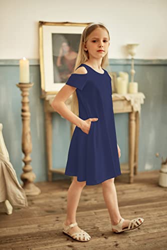 Arshiner Girls Summer Dresses Short Sleeve Cold Shoulder Sundress Casual A Line Outfits Dresses Navy Blue 6-7 Years #TOP2
