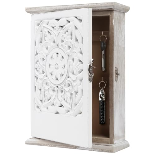 Cassetta Portachiavi in Legno con Cavità Europee, Parete Vintage Porta Chiavi Muro con 6 Ganci Chiavi, Porta Chiavi Ingresso Casa per Keys, Gioielli, Piccoli Oggetti, Corridoio, Ufficio (Bianco)