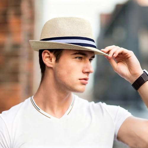 Image of 2 Pack Straw Fedora Hats for Men and Women, Short Brim Summer Beach hat, Trilby Panama Sun Hats.