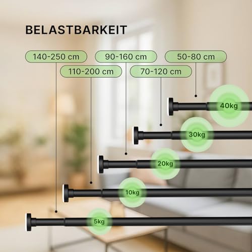 MEISENBERG Gardinenstange zum Klemmen - Schwarz, Ø 25 mm, 1Stück - Duschstange ohne Bohren - Vorhangstange Klemmstange für Fenster, Dusche, Terrasse und Trennwand (70-120cm)