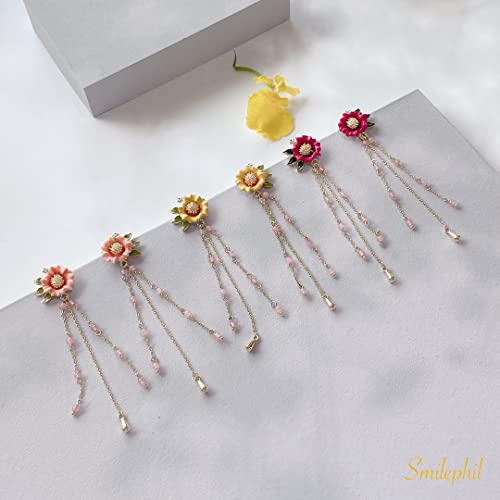 Dainty Flower Enamel Dangle Earrings - Florals Leaves Gold Chain Drop Earring For Women Girls, Hypoallergenic, By Smilephil (Orange - Long) #TOP6