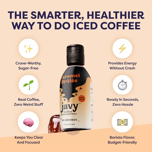 Image of Javvy Cold Brew Coffee Concentrate Instant Coffee, Caramel Brulee | 100% Real Coffee, 0g Sugar, No Artificial Flavors, 60-80mg Caffeine per Serving, Gluten Free, Makes Hot or Iced Coffee