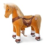 PonyCycle Ride on Pony with Sounds for Kids Ages 4-7, Light brown Horse Ride on Toy with Realistic Raised Saddle, Plush Rocking Horse with Wheels & Brake Birthday Present for Boys and Girls - Y471