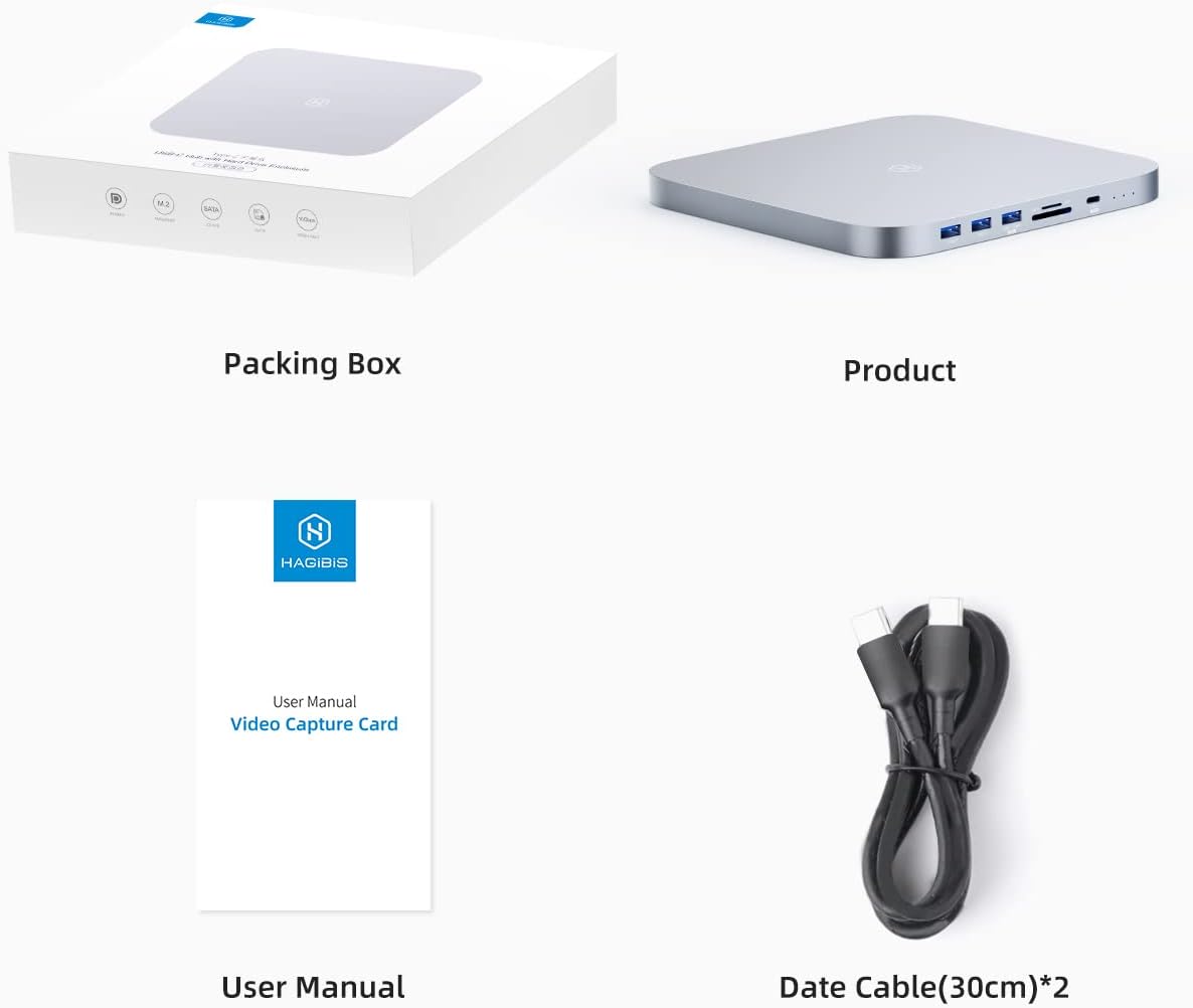 Hagibis MC25PRO DP package contents including the hub, user manual, and two USB-C cables.