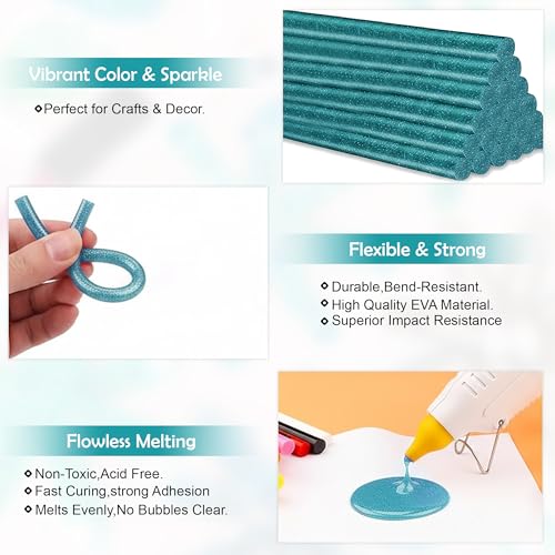 Image of GLUN 50 Piece Glitter Glue Sticks Turquoise Sparkles, 7mm x 6 Inch, Smooth Flow Adhesive for Office, School & Craft Projects