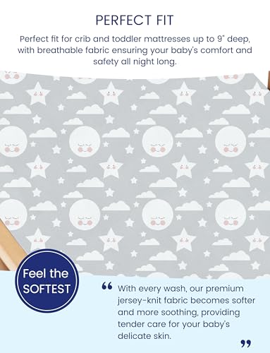 Image of TotAha Premium Stretchy Crib Sheets (2-Pack)-Hypoallergenic, Silky Comfort, Buttery Soft, Calming Effect, All-Season Jersey-Knit Sheets, 9'' Extra Deep Pocket, Moon & Grey Sky