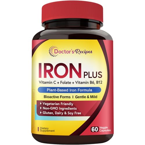 Doctor's Recipes Iron Supplement, Iron Bisglycinate with Vitamin C, B6, Folate & B12, Non-Constipating, Stomach Friendly, Gentle Iron Pills, 60 Vegan Caps