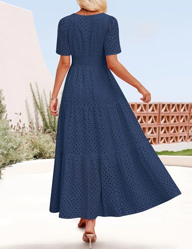 Image of ZESICA Summer Dresses for Women 2026 Casual V Neck Short Sleeve Eyelet A Line Beach Vacation Long Maxi Dresses