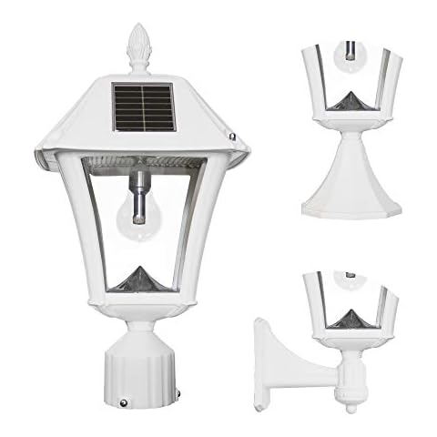 Gama Sonic Baytown II Bulb White Outdoor Solar Light, Single Post Light with 3 Mounting Options, 3in. Fitter for Lamp Posts, Flat Mount for Column Light and Wall Light Mount, Resin (105B233) Cover