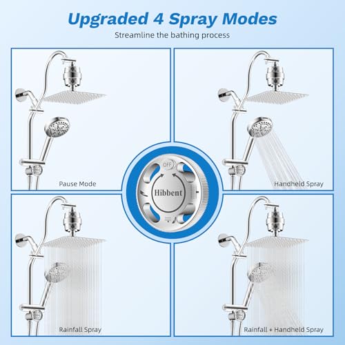 Image of Hibbent 10 inch Dual Filtered 10 inch Rainfall Shower Head with Handheld 10-Spray | High Pressure Metal Chrome Showerhead Combo with Filter, 4-way Diverter with Pause Mode, Extension Arm, 71'' Hose & Holder