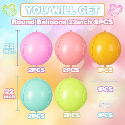 Image of 9 Pcs Pastel Colorful Round Foil Balloons,22 Inch Round Balloons | Pastel Colorful Giant 4D Round Ball Balloons For Candy Theme Birthday Baby Shower Rainbow Party Decorations