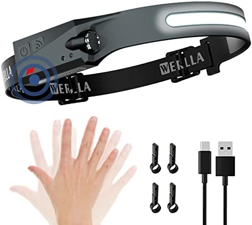 Werlla LED Headlamp, Rechargeable Headlamps, 1200 Lumen Wide Beam, 230° Lllumination with Motion Sensor&Spotlight, 2.4oz Lightweight Head Lamp for Camping Running Cycling Hiking(with Clips)