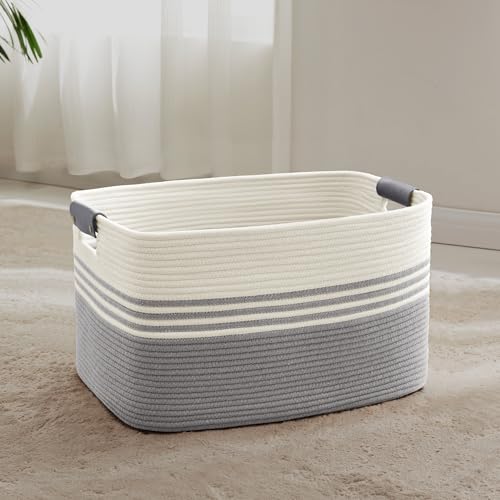 SunNewt 72L Large Woven Laundry Basket Hamper with Leather Handles,Grey