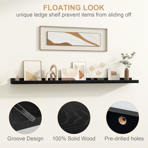 Floating Picture Ledge Shelves 36 Inch Solid Oak Wood Set of 2, Rustic Wall Storage Shelves with Lip, Kids Bookshelf, Photo & Picture Ledge Shelves for Bedroom, Living Room, Kitchen - Thumbnail 3