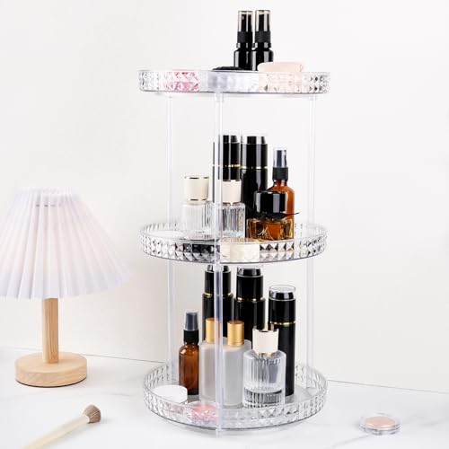 Runivor 360 Clear Rotating Makeup Organize for Vanity,3 Tiers Lazy Susan with Diamond Pattern, Large-Capacity Skincare Organizers Cosmetic Display Case Organizer for Dresser (Clear White, 3Tiers)