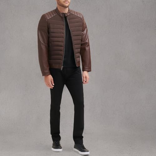 Image of DKNY Men's Mixed Media Faux Leather Puffer Motocross Racer Jacket