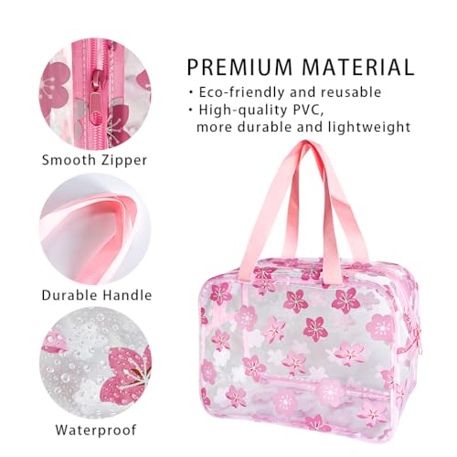 Clear Printed Floral Cosmetic Bag and Travel Pouch with Handle-Durable PVC Material,Versatile,Zipper Design for Smooth Sliding-Ideal for Makeup,Travel Essentials (Pink Floral#1-L)2