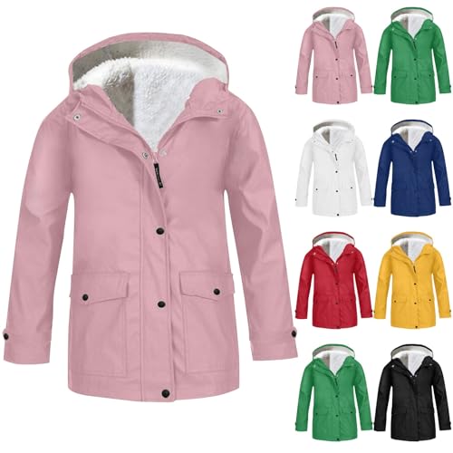 Boys Girls Waterproof Rain Jacket Fleece Lined Raincoat Hooded Windbreaker Full Zip Button Up Hiking Jacket Coat Outerwear