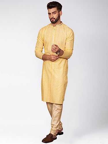 Image of KISAH Men's Navy Blue Printed Cotton Kurta - Regular Fit Long Tunic with Mandarin Collar | Ethnic Wear for Weddings & Festive Occasions