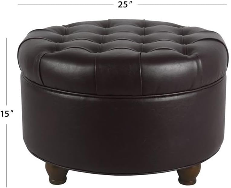Pemberly Row Round Wood Storage Ottoman, Faux Leather Upholstered, Brown Finish, 25 x 25 in, Tufted Lift-Off Lid, Spacious Storage, Hardwood Plywood Frame, Living Room or Bedroom Seating and