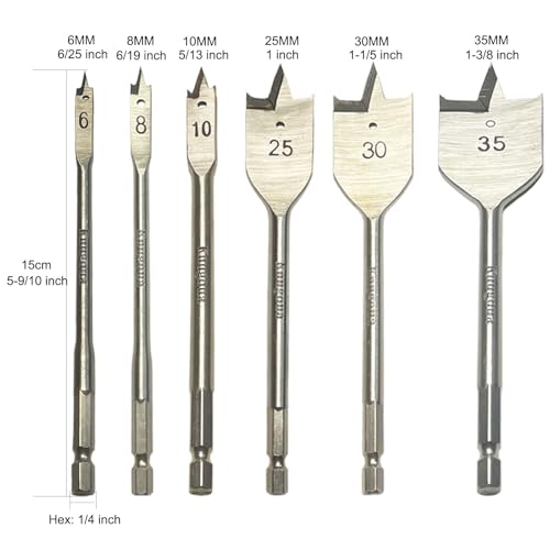 6Pcs Spade Drill Bits Set for Woodworking, High Carbon Steel Paddle Flat Bits Wood Hole Cutter with Quick Change Shank Hex Shank for Wood, Polyurethane Board, PVC 6/8/10/25/30/35MM - Thumbnail 2