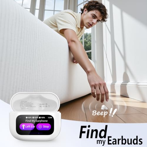Image of Thunelec Wireless Earbuds with Touch Screen, 2026 New Bluetooth 5.4 Headphones with ANC /ENC Mic, 50H HiFi Stereo Ear Buds with 5 EQ Modes, Transparency Mode, IPX7 Earphones for Running /Fitness, White