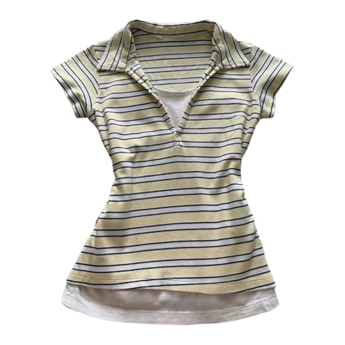 Y2k Grunge Shirts Alt Emo Clothes Women Vintage Graphic Tees 2000s Tops Teen Girls Whimsical Goth Short Sleeve Top (Striped Yellow,Large)