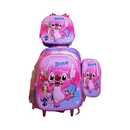 Kit Mochila Escolar Infantil Stitch com rodinhas com mochila lancheira e estojo