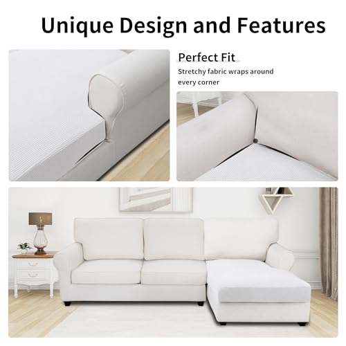 Image of Easy-Going Stretch 1 Piece Chaise Lounge Cushion Slipcover | Sectional Couch Covers L Shape Separate Cushion Couch Seat Chaise Cover for Both Left /Right Sectional Couch Snow White
