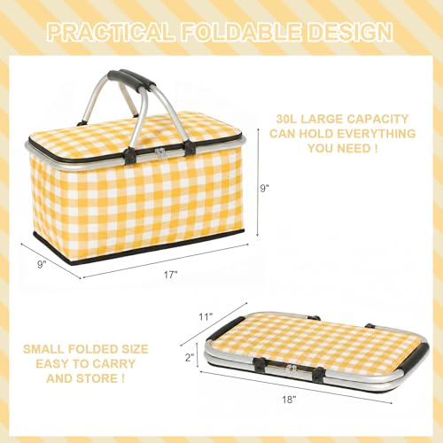 IACTIVE Insulated Picnic Basket,Collapsible Picnic Basket,30L Large Market Basket with Lid,2 Sturdy Handles,Storage Basket for Picnic,for Food Delivery,Take Outs,Market Shopping,Travel(Yellow Grid)