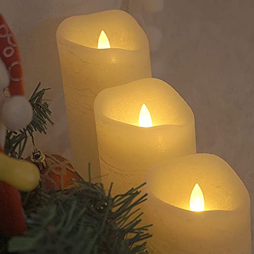 Image of CANDLE CHOICE Battery Operated Flameless Candles with Timer Real Wax Realistic Flickering Electric LED Pillars Automatic Built-in Daily Cycle Timer 6-Hour on 18-Hour Off Set of 3 Rustic Texture Ivory