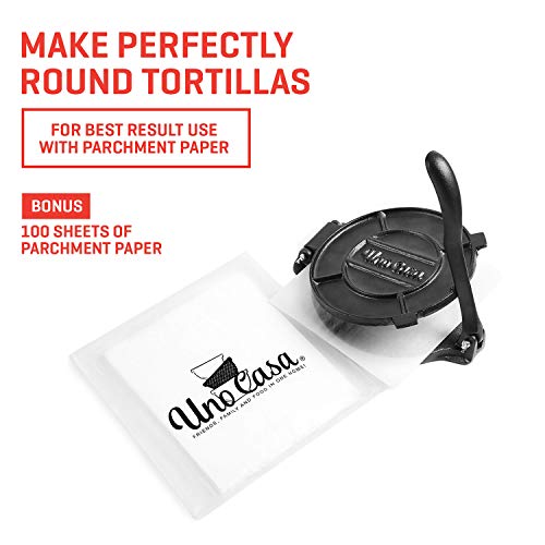 Uno Casa Cast Iron Tortilla Press - 8 Inch, Pre-Seasoned Tortilla Maker with 100 Pcs Parchment Paper - Pataconera for Flour Tortilla, Roti, Tawa or Dosa