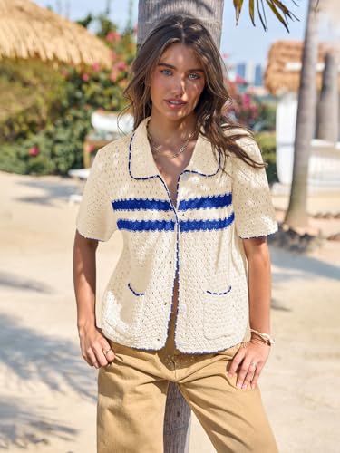 Image of Yousify Womens Casual Summer Short Sleeve Sweaters Button Down Crochet Knit Tops 2026 Loose Cute Cardigan Sweater