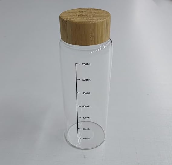 Cam Su Şişesi, Bambu Kapaklı, Ölçü Baskılı, 800 ml