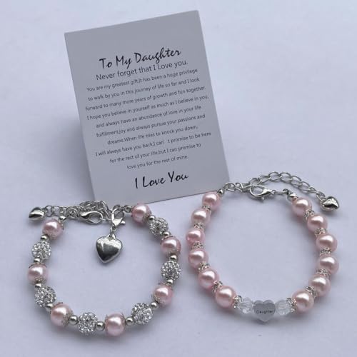 Image of DOLON 2 Pcs Imitation Pink Pearls Crystal Beads Heart Charm Bracelets Gift for Granddaughter,Sister,Daughter with Graduation Birthday Christmas First Day Wish Card
