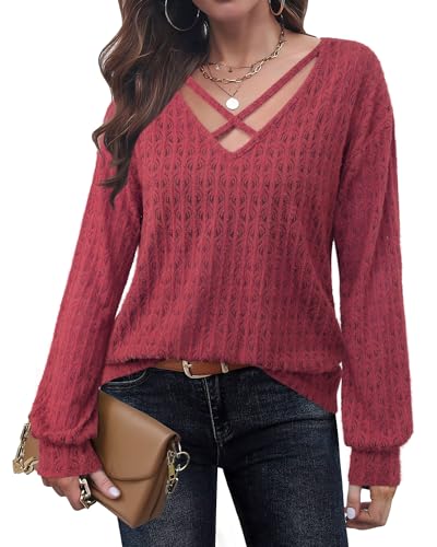 Image of Lotusmile Women's Soft Fuzzy Knit Hollow Out Lace Blouses Criss Cross V Neck Tops for Women Dressy Casual